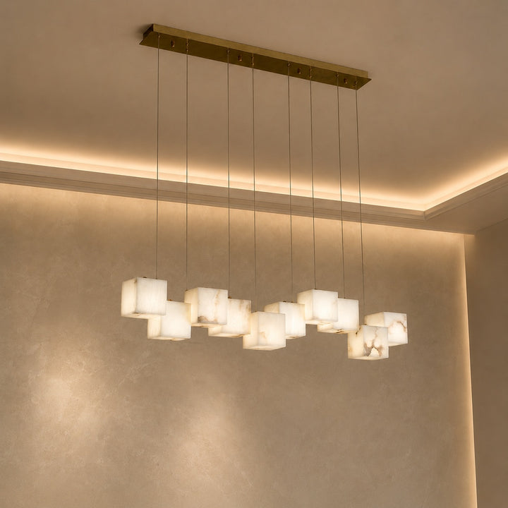 Modern Alabaster Box Pendant Light Hanging Fixture with LED Compatibility and Adjustable Height