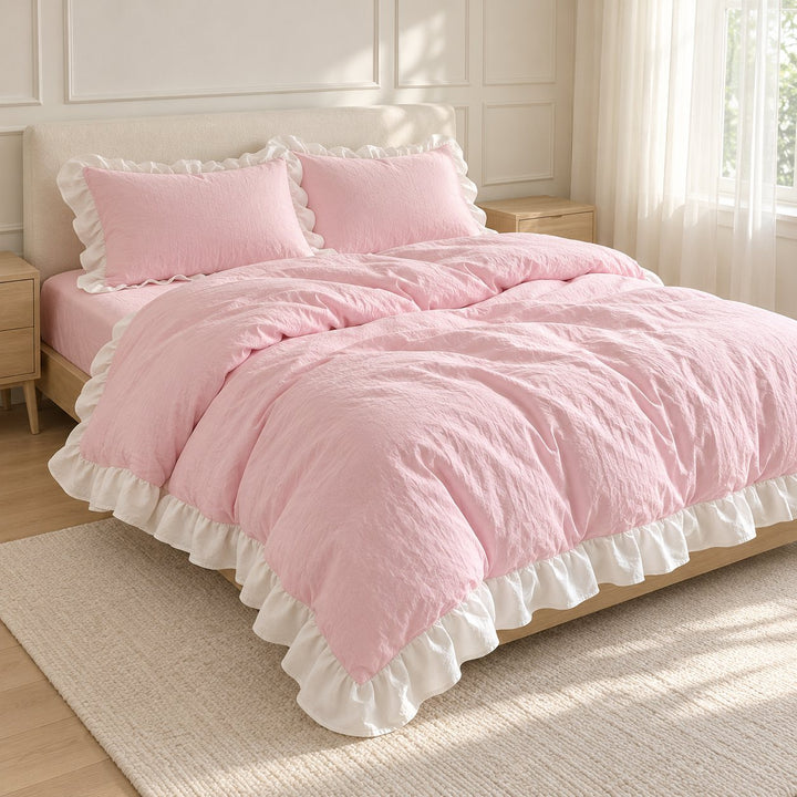 Modern Crumpled Ruffle Bedding Set Duvet Cover and Flat Sheet Polyester Soft Texture