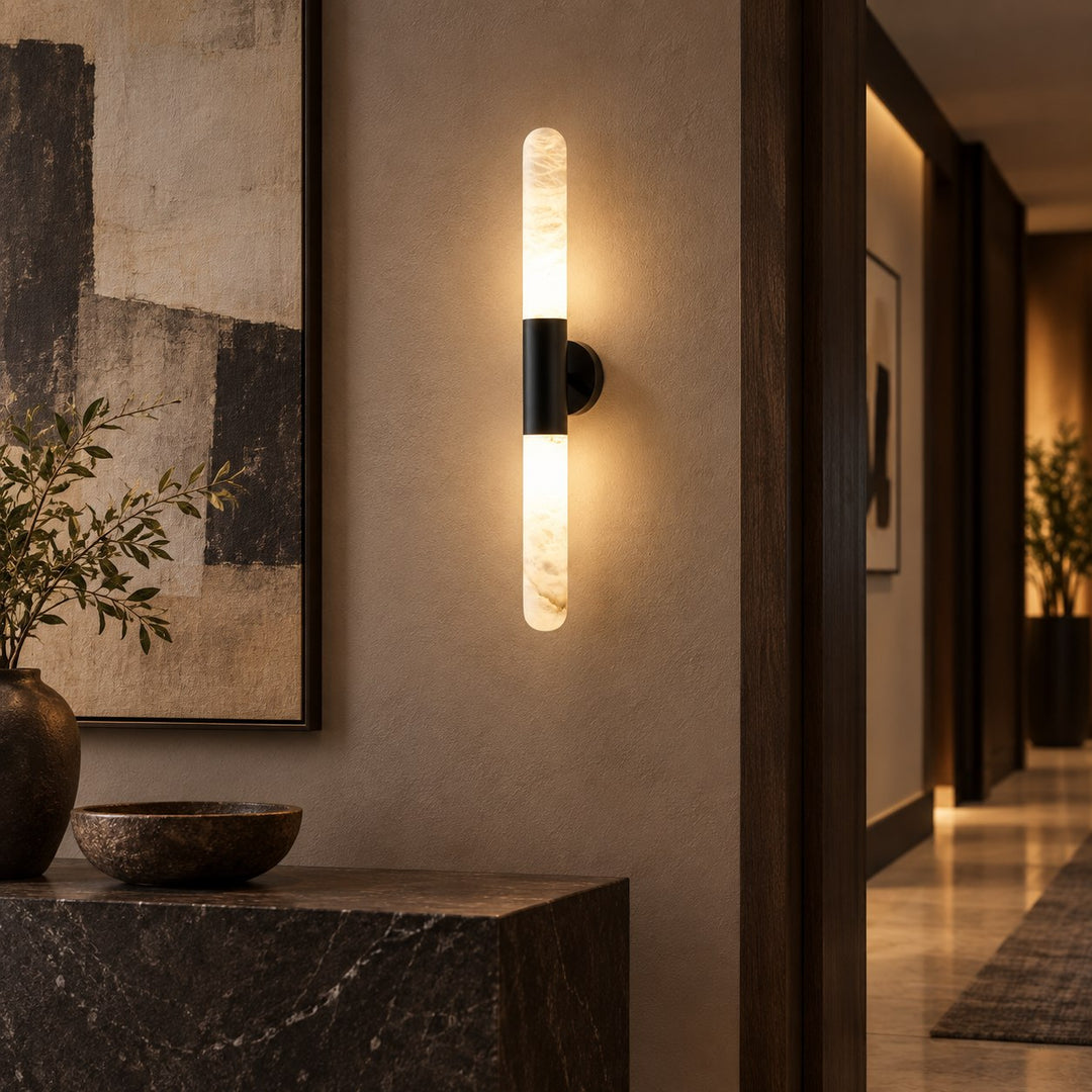 Modern Alabaster Wall Light Brushed Metal Fixture Warm White LED Illumination