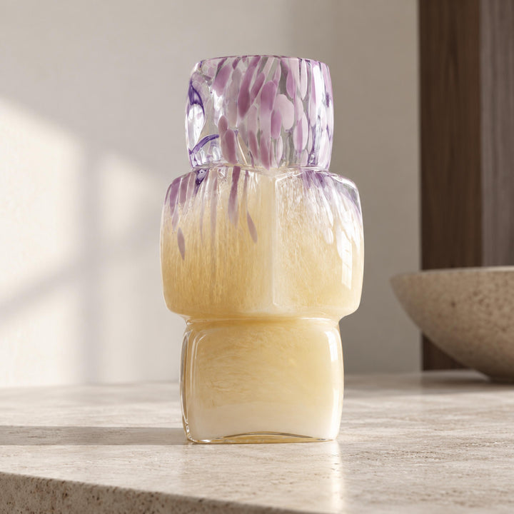 Modern Glass Vase Cube-Form Handcrafted Yellow Lavender Speckled Design 30cm Home Decor