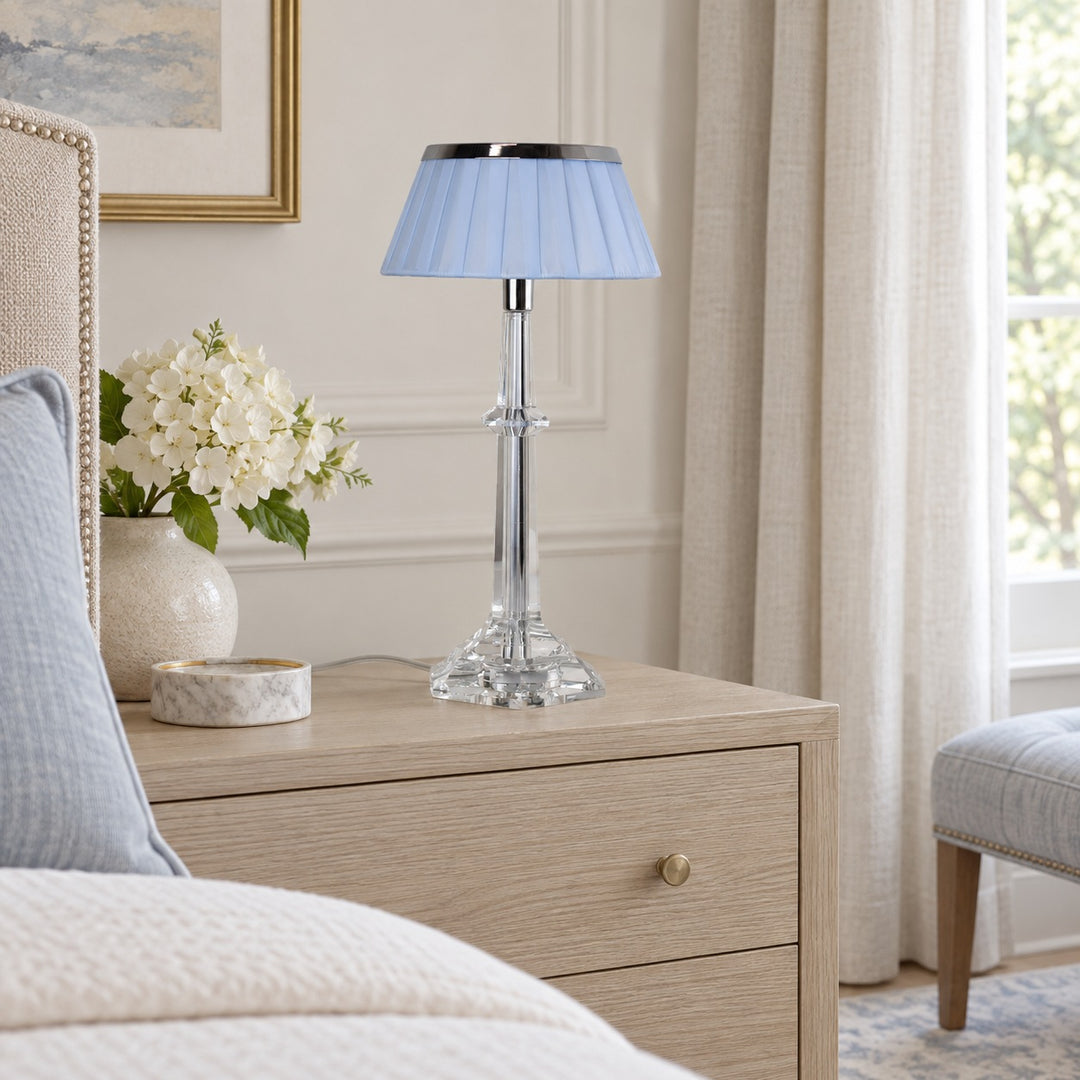 Modern Table Lamp Adjustable Height LED Edge Lighting Chrome Fabric Shade K9 Crystal Base