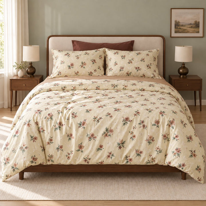 Vintage Floral Bedding Set Duvet Cover and Pillowcases Washed Cotton Breathable Durable