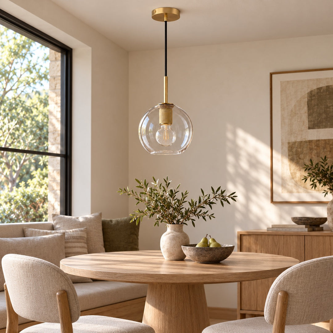 Modern Clear Glass Globe Pendant Light with Brass Finish – E27 Ceiling Light