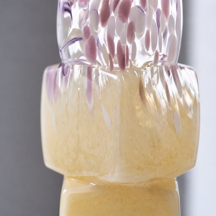 Modern Glass Vase Cube-Form Handcrafted Yellow Lavender Speckled Design 30cm Home Decor