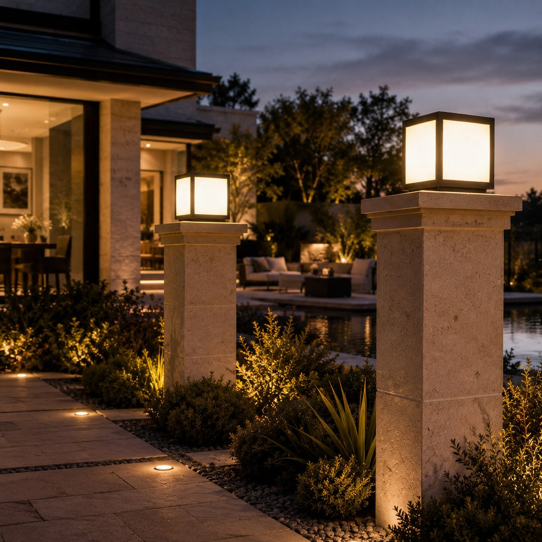 Solar Outdoor Lighting Modern Square Pillar Light Wall Mounted Stainless Steel LED Fixture