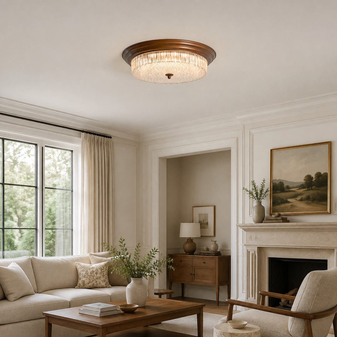 Vintage Brass & Ribbed Glass LED Flush Mount Ceiling Light