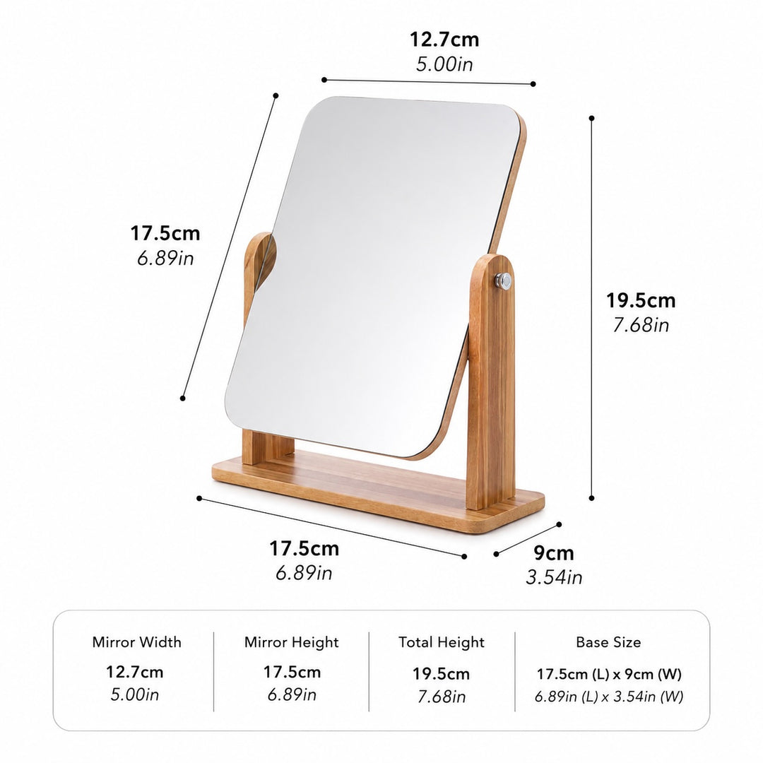 Modern Wooden Makeup Mirror 360° Rotating Compact Design with Solid Base for Vanity Use