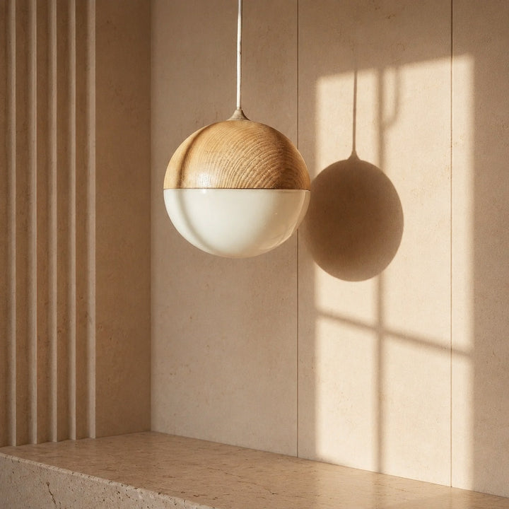 Modern Pendant Light Adjustable Hanging Fixture Wood Look Frosted Glass LED for Kitchen Island
