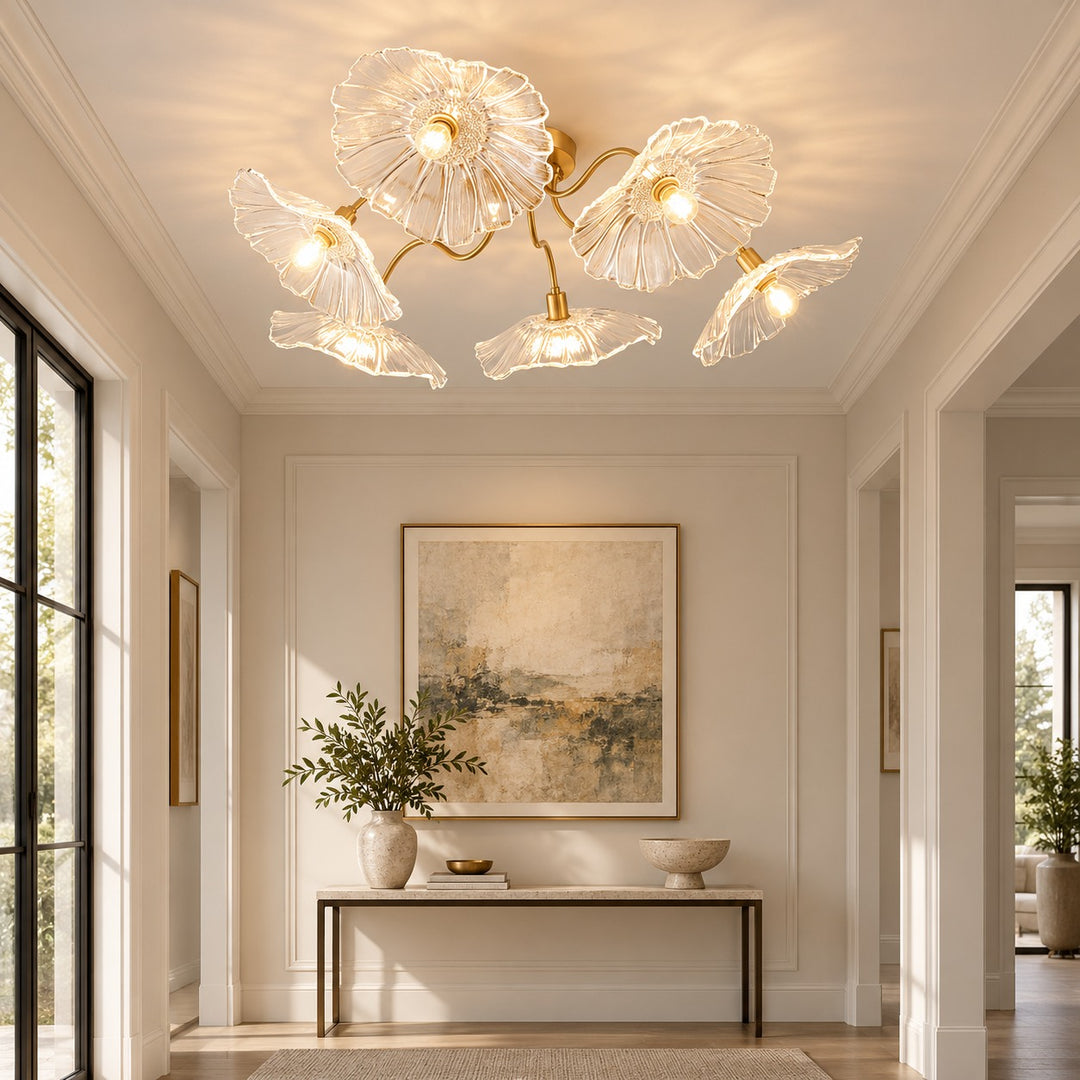 Modern Flush Mount Ceiling Light Fixture with Lotus Leaf Glass Shade and LED Technology