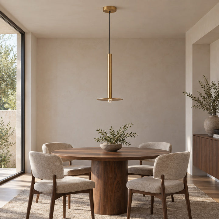 Modern Brass Disc LED Pendant Light with Slim Architectural Stem