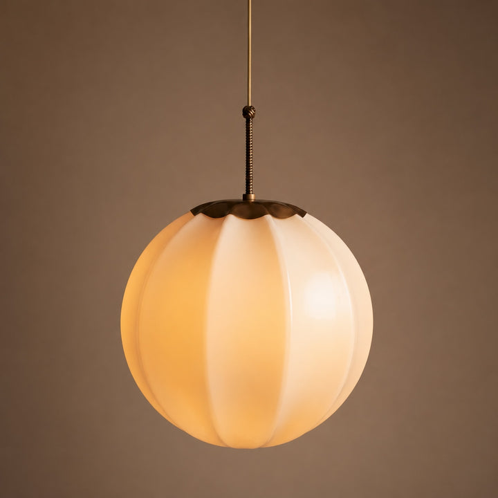 Modern Ribbed Opal Glass Globe Pendant Light Brass Hanging Fixture Adjustable Height for Kitchen Island Dining Room