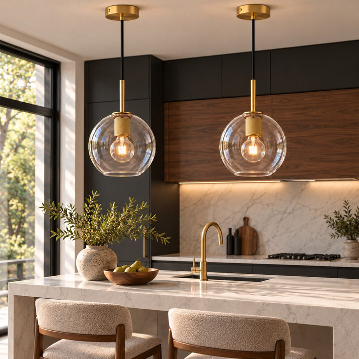 Modern Clear Glass Globe Pendant Light with Brass Finish – E27 Ceiling Light