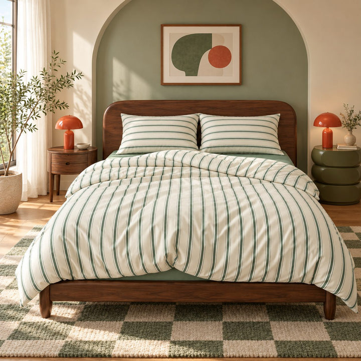 Minimalist Bedding Set Green Striped Duvet Cover Polyester Lightweight Soft Comfortable