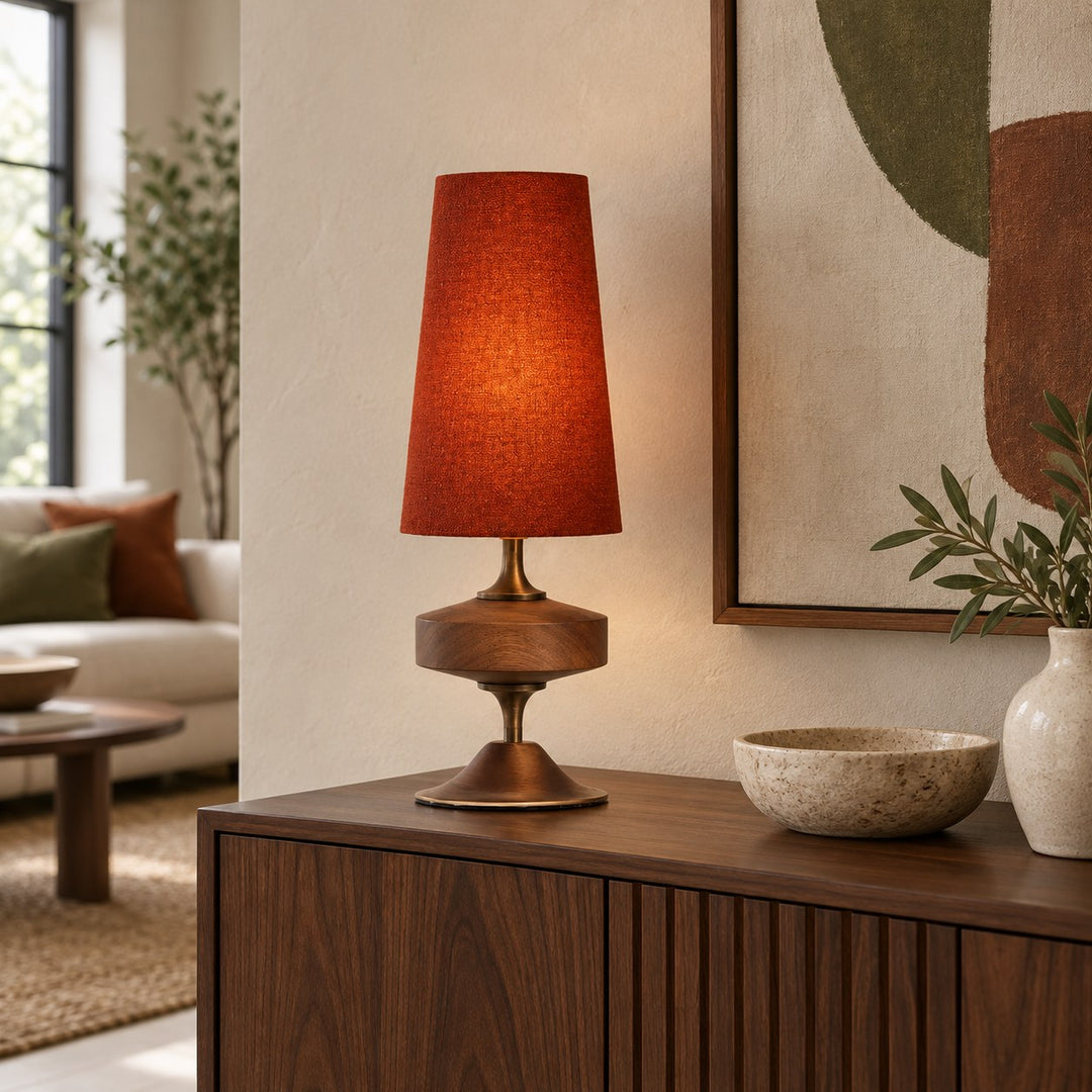 Modern Table Lamp with Tapered Fabric Shade and Walnut Wood Base Dimmable Plug-in Design