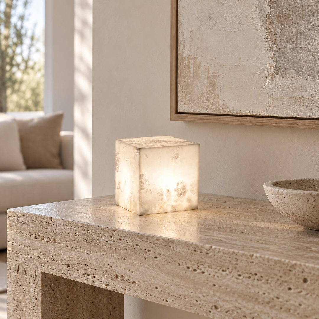 Modern Alabaster Table Lamp Cube Design LED Light for Bedroom or Desk Use