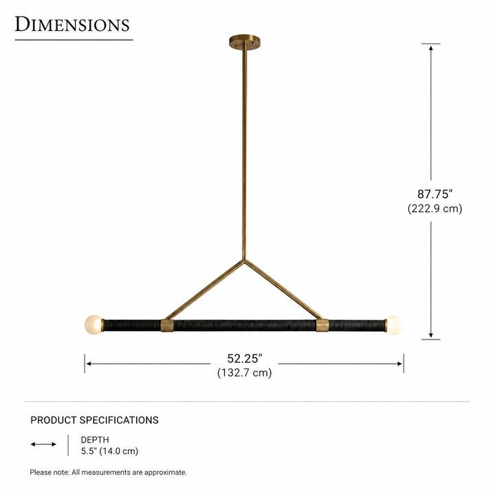 Modern Brass Black Linear Pendant Light Hanging Fixture with Frosted Globe Bulbs
