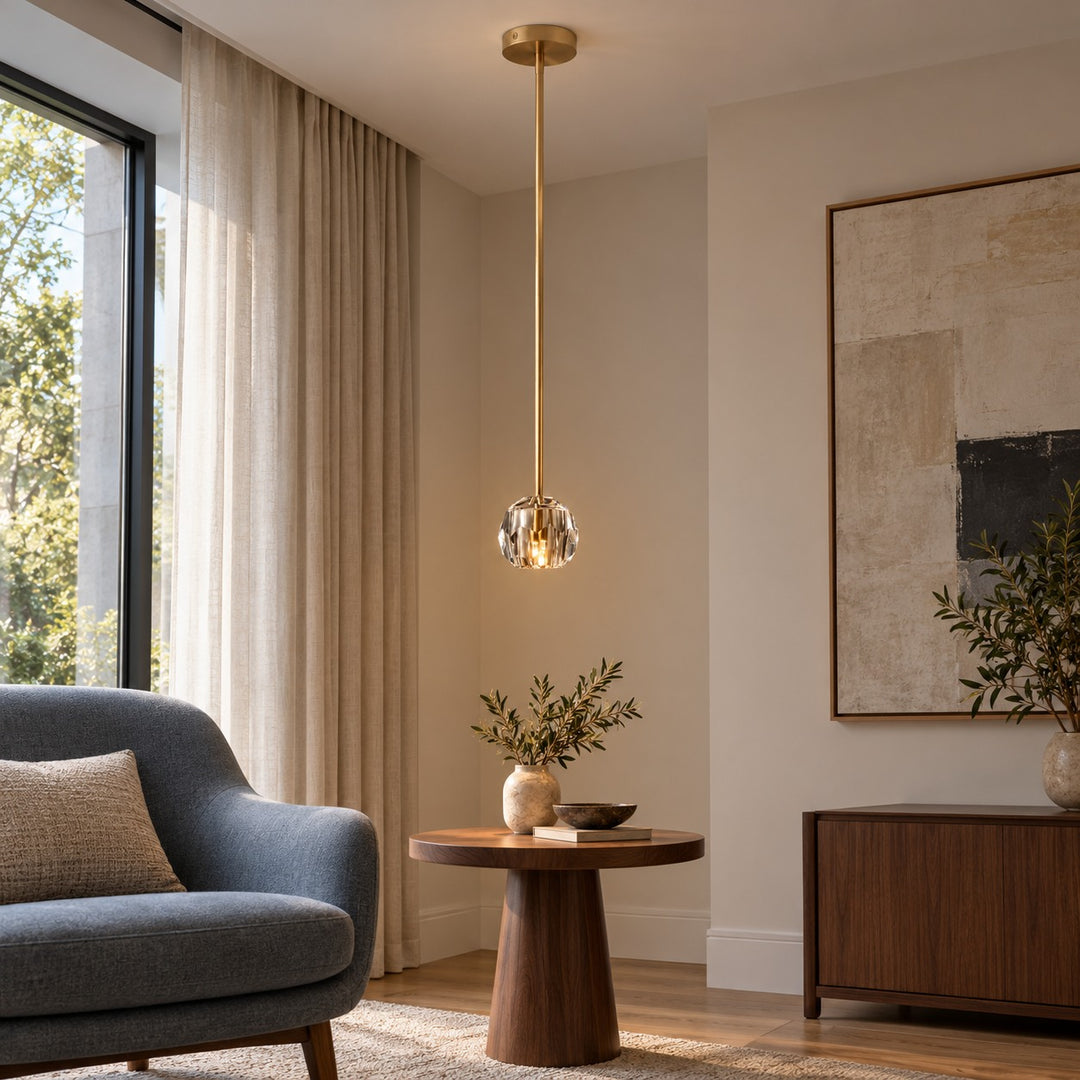 Modern K10 Crystal Pendant Light with Natural Brass – G9 LED, Rod or Cord Suspension