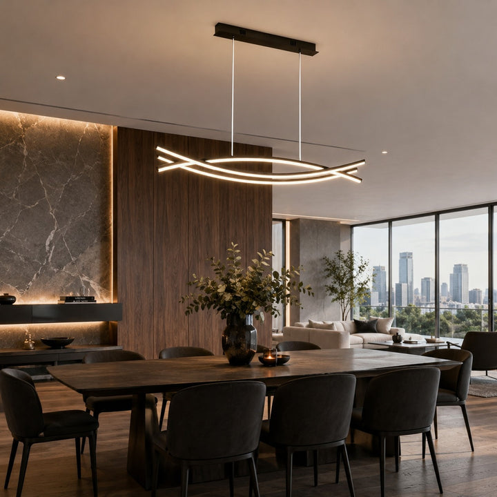 Modern Black Pendant Light Linear Hanging Aluminum LED Fixture with Adjustable Height Dimmable