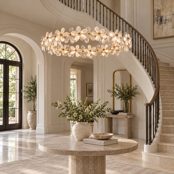 Modern Crystal Chandelier Adjustable Height K9 Crystal LED Hanging Light Fixture with Three Color Temperatures