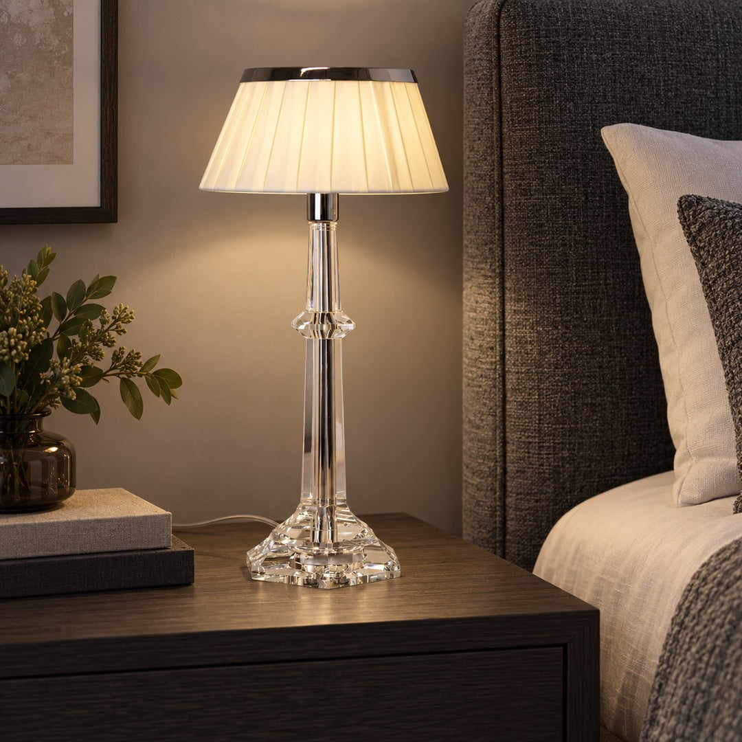 Modern Table Lamp Adjustable Height LED Edge Lighting Chrome Fabric Shade K9 Crystal Base