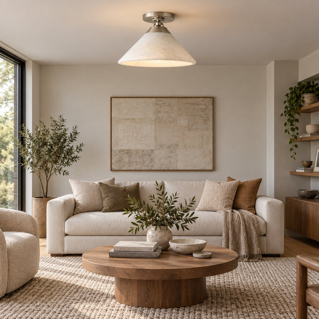 Modern Flush Mount Ceiling Light Alabaster Shade LED 12 Inch Diameter Energy Efficient