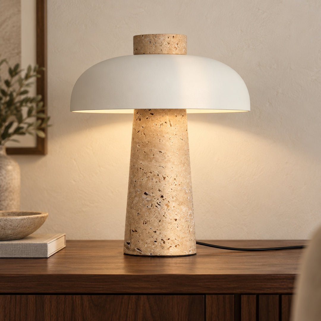 Contemporary Table Lamp Adjustable Height Natural Travertine Base Aluminum Shade Dimmable Design