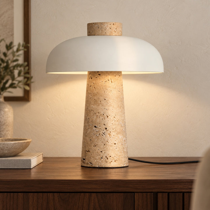 Contemporary Table Lamp Adjustable Height Natural Travertine Base Aluminum Shade Dimmable Design
