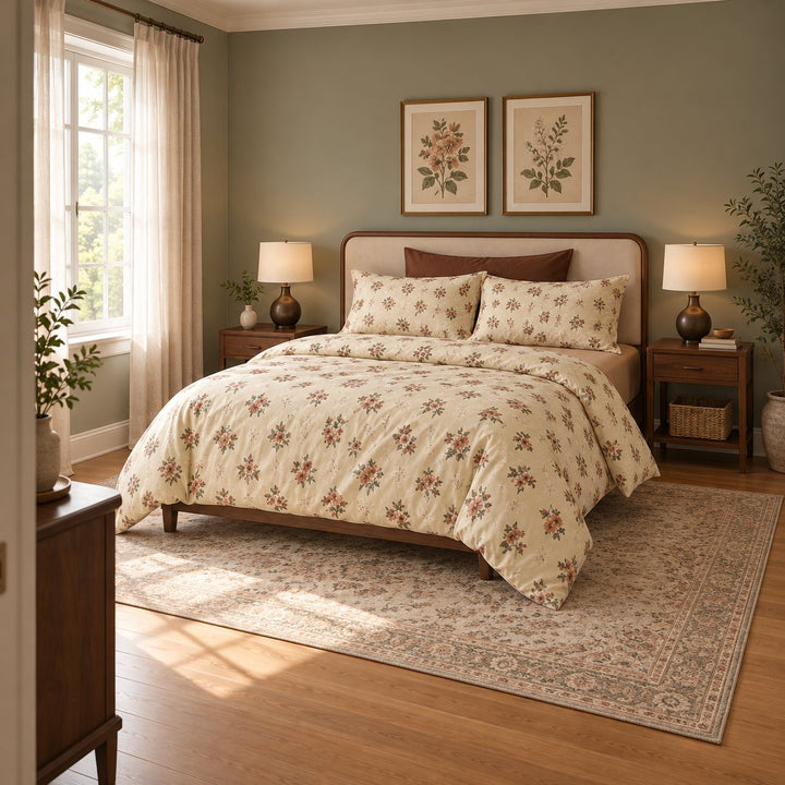Vintage Floral Bedding Set Duvet Cover and Pillowcases Washed Cotton Breathable Durable