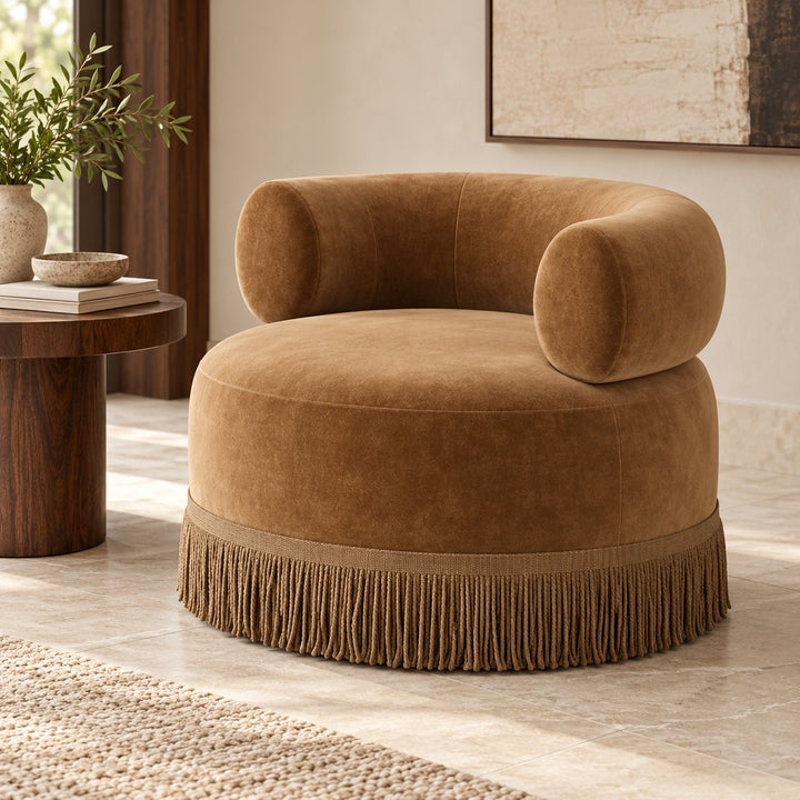 Modern Swivel Accent Chair Plush Fabric Oversized Seat With Playful Fringe Skirt