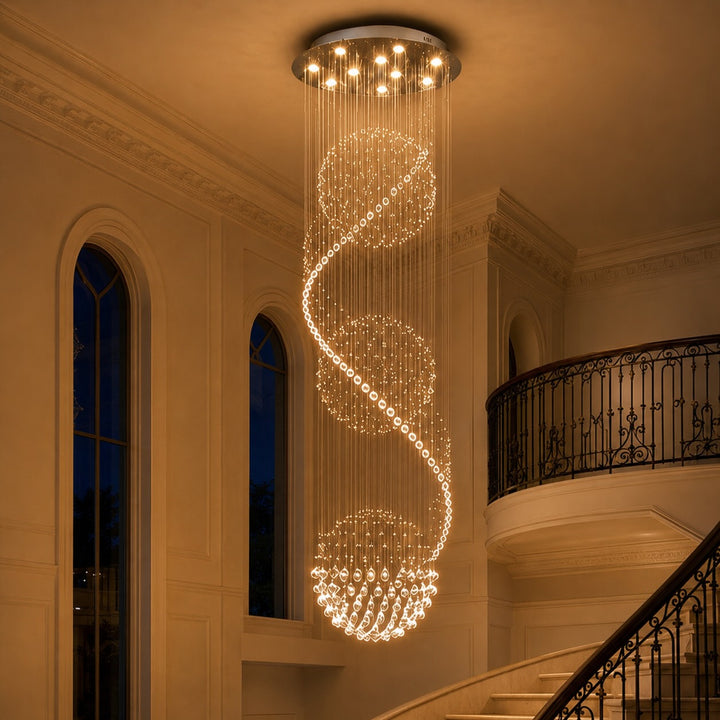 Modern Spiral Chandelier Three Sphere Design Adjustable K9 Crystal Hanging Light Fixture