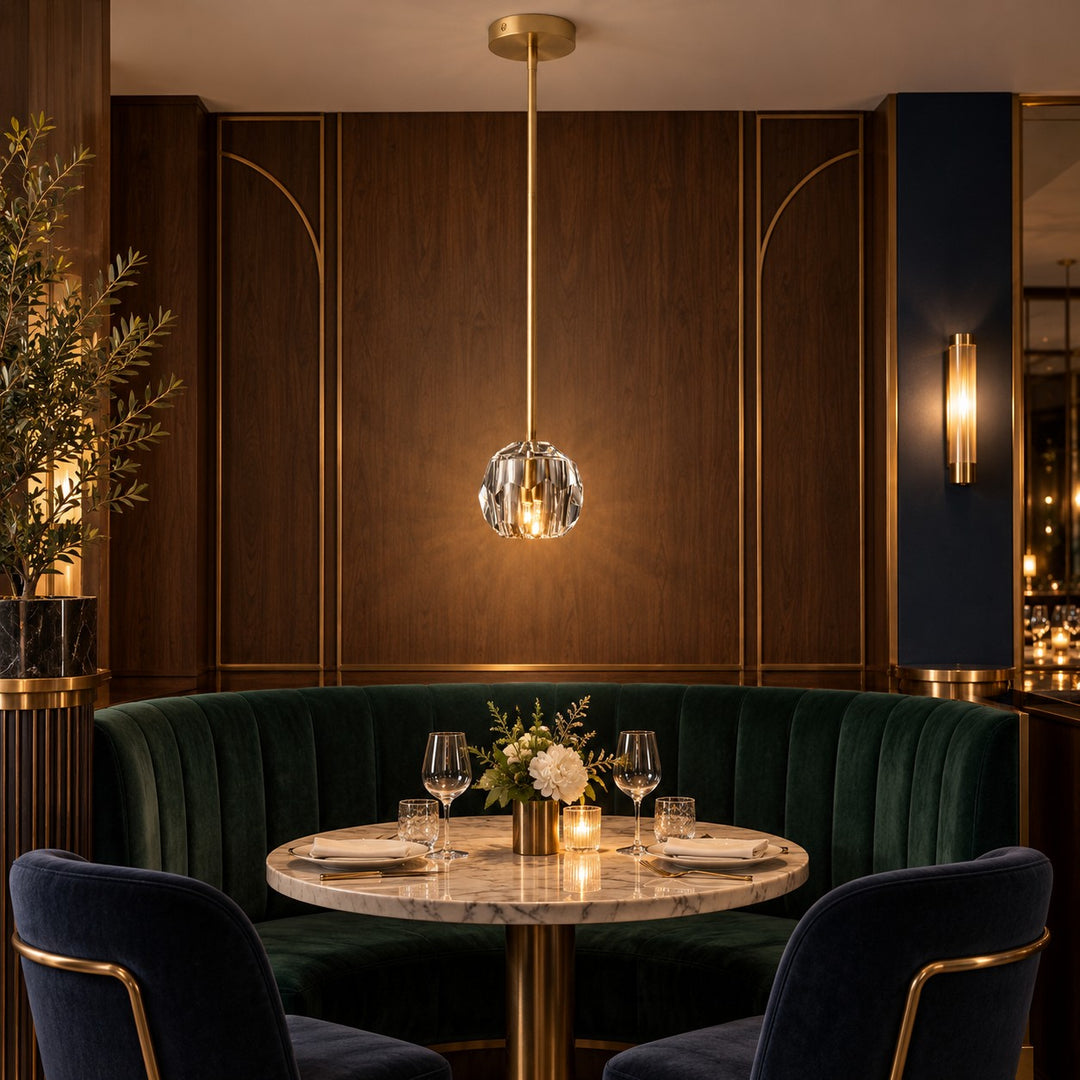 Modern K10 Crystal Pendant Light with Natural Brass – G9 LED, Rod or Cord Suspension