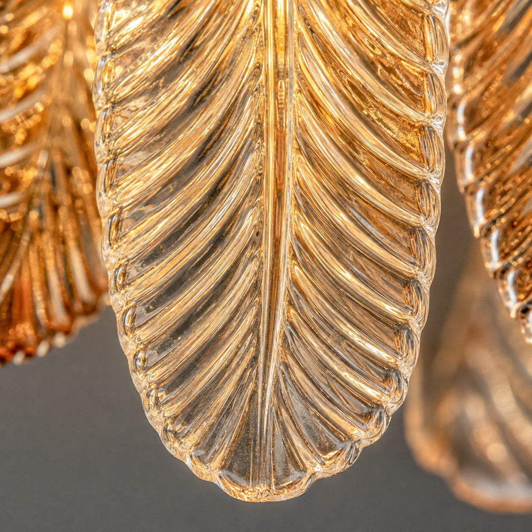 Art Deco Amber Glass Feather Ceiling Light – Brass Flush Mount Chandelier