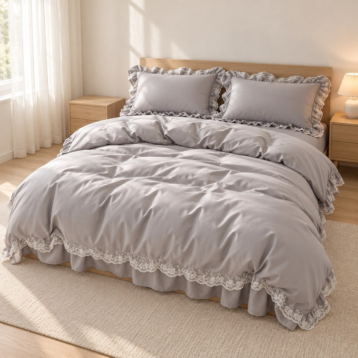 Modern Ruffle Lace Bedding Set with Elastic Skirt Bed Sheet and Soft Polyester Material