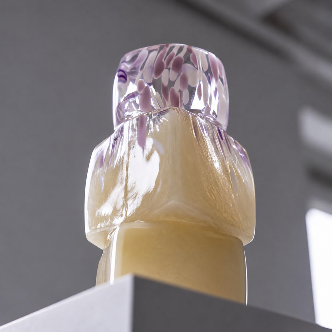 Modern Glass Vase Cube-Form Handcrafted Yellow Lavender Speckled Design 30cm Home Decor