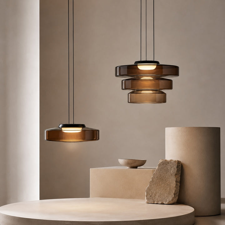 Modern Glass Pendant Light Hanging Fixture with Adjustable Height Dimmable LED and Iron Finish