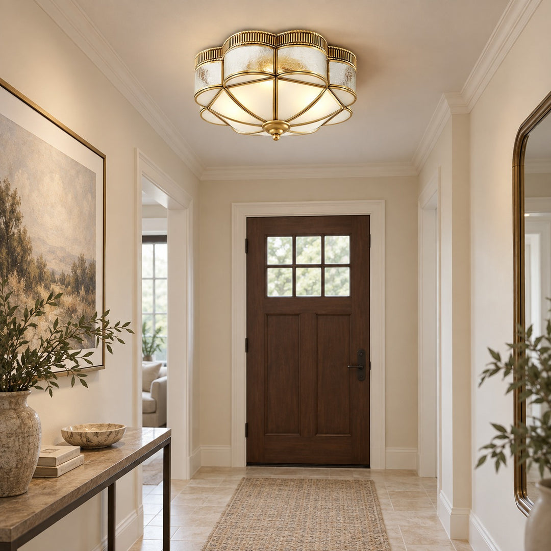 Modern Brass Flush Mount Ceiling Light with Frosted Glass Shade LED Compatible for Indoor Use