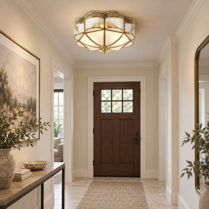 Modern Brass Flush Mount Ceiling Light with Frosted Glass Shade LED Compatible for Indoor Use