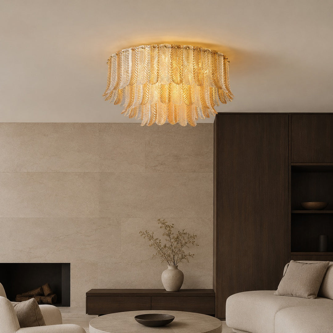 Art Deco Amber Glass Feather Ceiling Light – Brass Flush Mount Chandelier