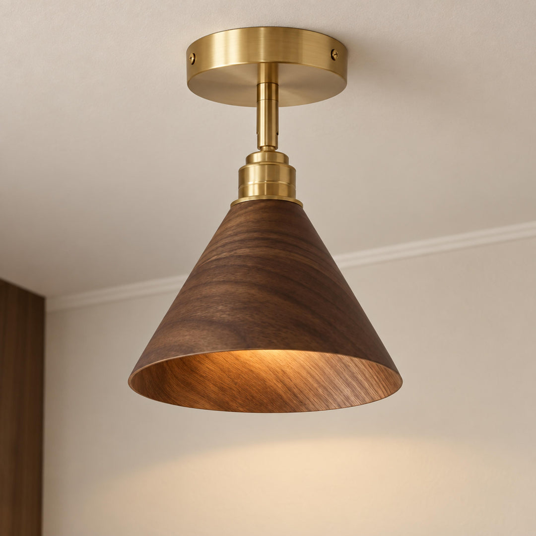 Modern Semi-Flush Ceiling Light Walnut Wood Brushed Brass LED Compatible Indoor Fixture