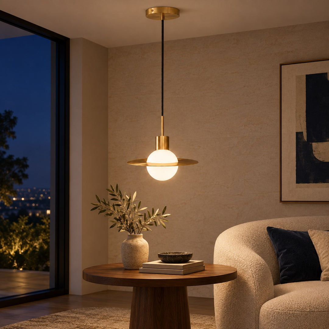 Modern Brass & Glass Globe Pendant Light with Adjustable Disc – 31cm & 42cm