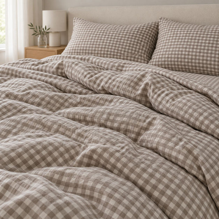 Classic Gingham Bedding Set Cotton Duvet Covers with Invisible Zipper and Corner Ties