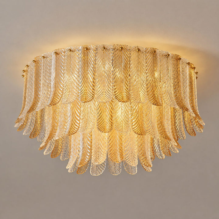 Art Deco Amber Glass Feather Ceiling Light – Brass Flush Mount Chandelier