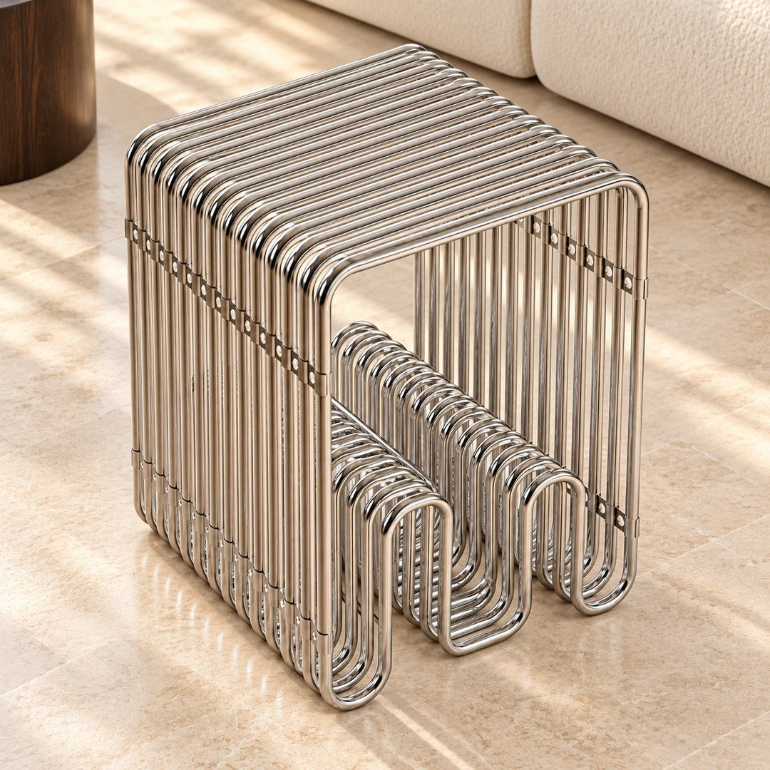 Modern Stainless Steel Side Table with Magazine Holder Space-Saving Design for Living Room and Bedroom