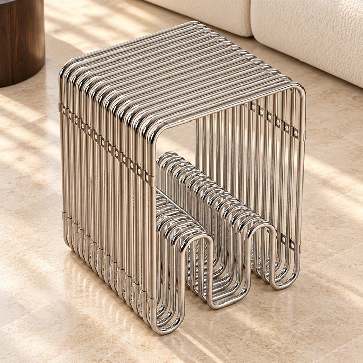Modern Stainless Steel Side Table with Magazine Holder Space-Saving Design for Living Room and Bedroom