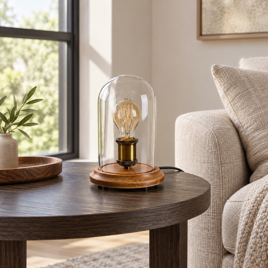 Modern Table Lamp with Glass Dome and Solid Wood Base for Bedroom and Nightstand Use