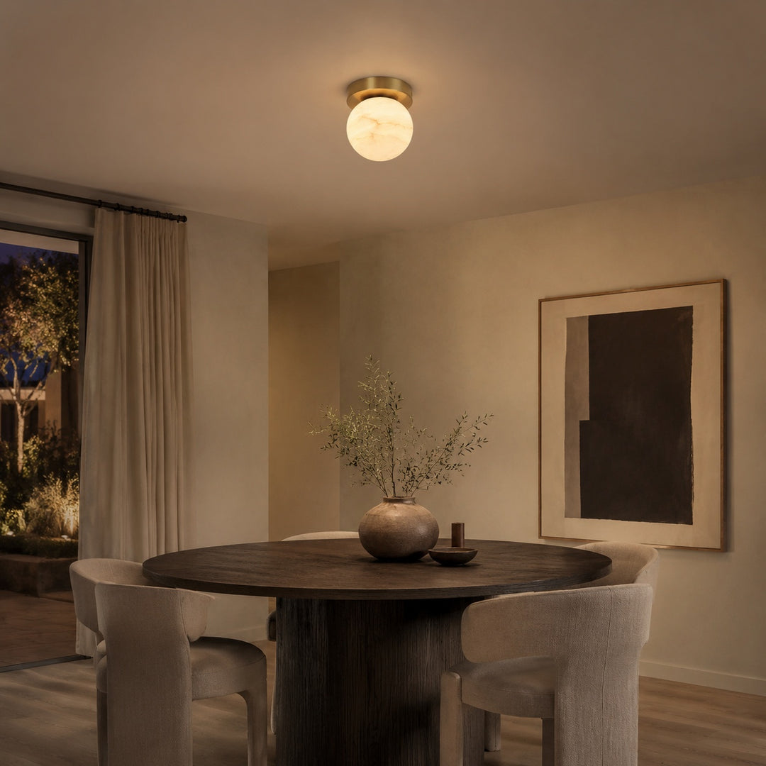Natural Alabaster Flush Mount Ceiling Light – Modern Brass Finish