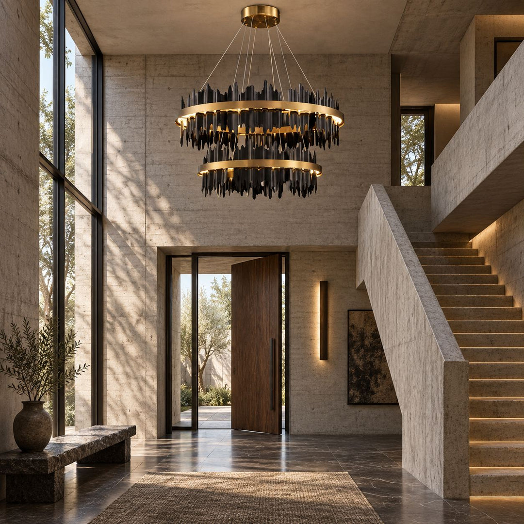 Modern Chandelier Adjustable Height Metal LED Dimmable Black Gold Finish Hanging Light Fixture