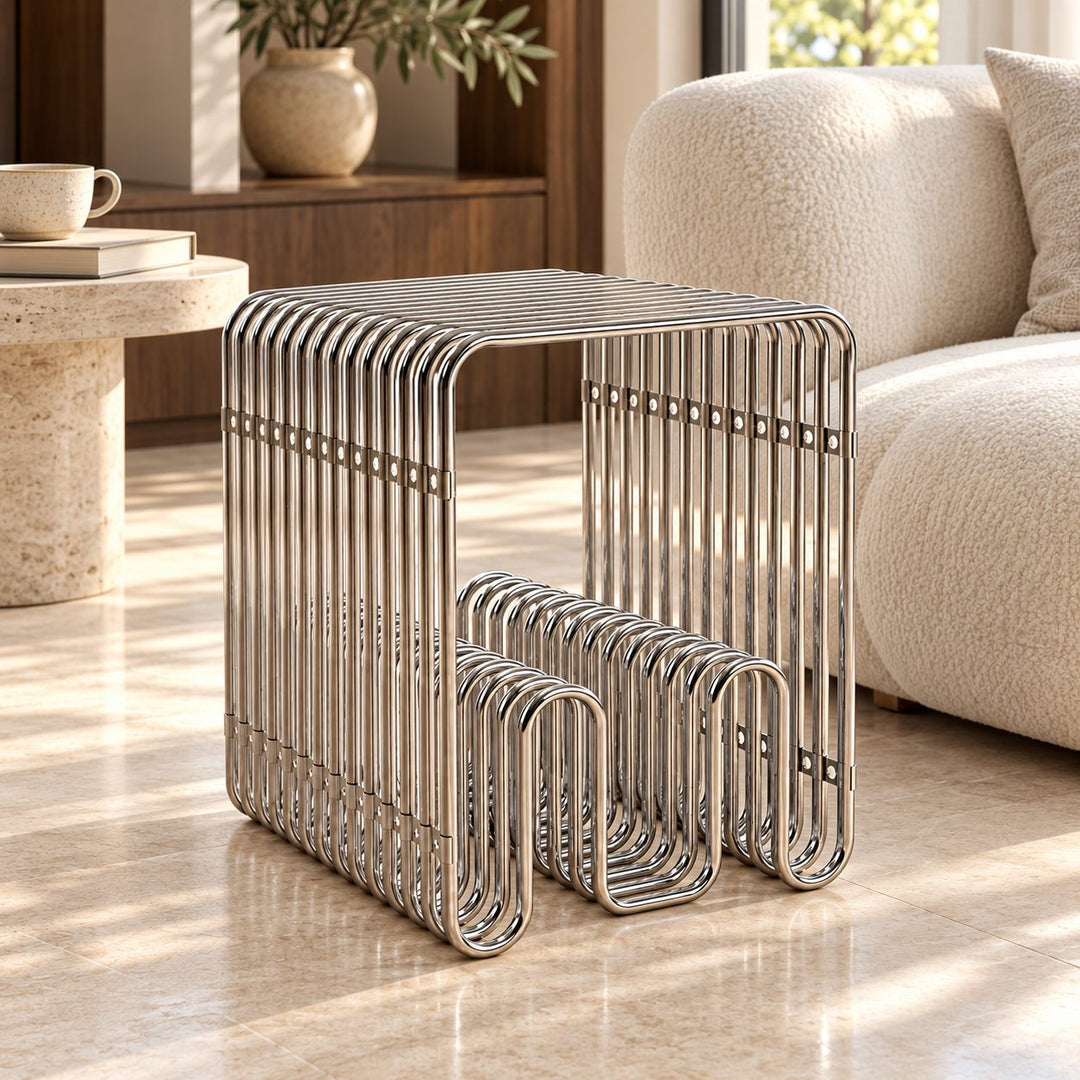 Modern Stainless Steel Side Table with Magazine Holder Space-Saving Design for Living Room and Bedroom