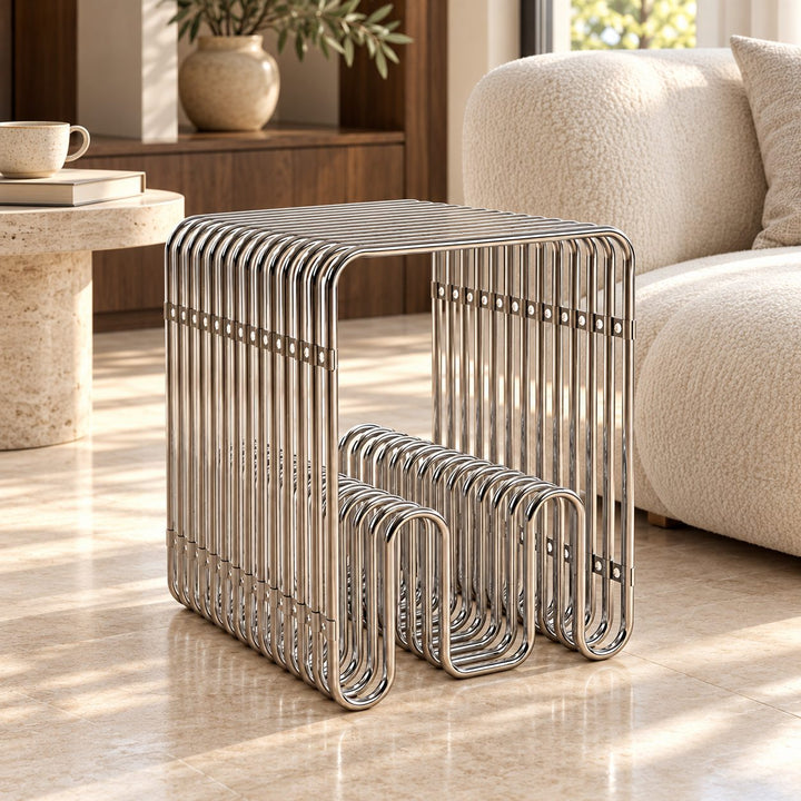 Modern Stainless Steel Side Table with Magazine Holder Space-Saving Design for Living Room and Bedroom