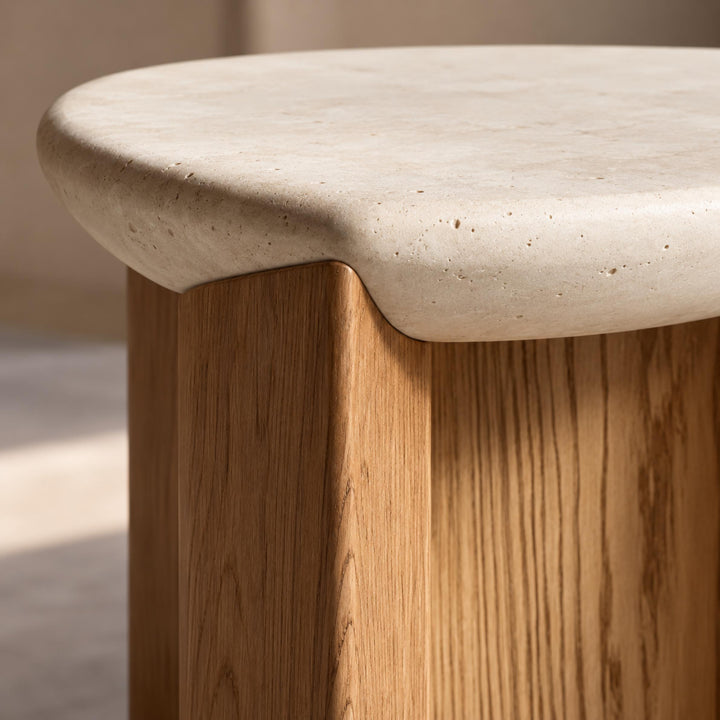 Modern Side Table Irregular Round Shape Solid Wood and Travertine Stone for Contemporary Interiors